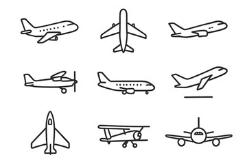 Collection of nine airplane and aircraft outline icons in various styles