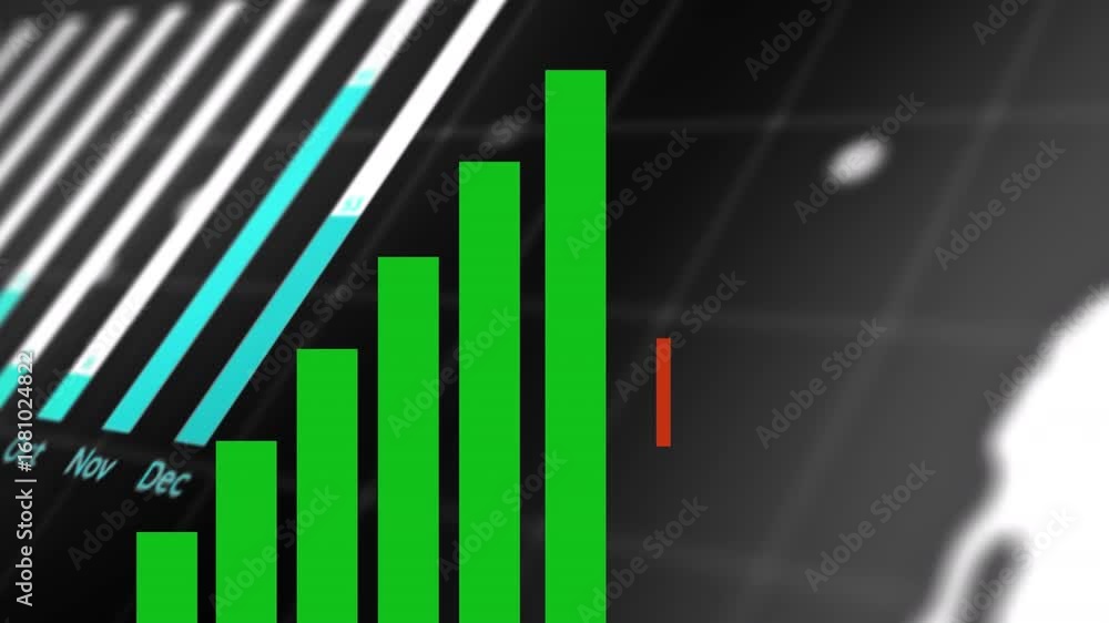 Poster animation of financial graphs and diverse data on black background