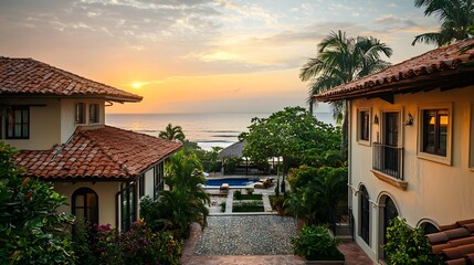 Fototapeta premium Aerial perspective of a luxurious Mediterranean style resort village with terracotta roofs palm trees swimming pools near the coast under a dramatic sunset sky (Architectural Design)