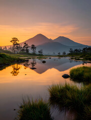 Scenic Mountain Landscape Reflected on Still Lake at Golden Sunrise