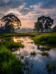 Tranquil Marshland at Sunrise with Silhouetted Trees and Water Reflections