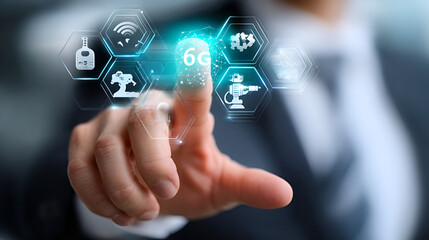 Conceptual Businessman Touching 6G Technology Interface Displaying Icons of Future Innovation. Ai Generated Images