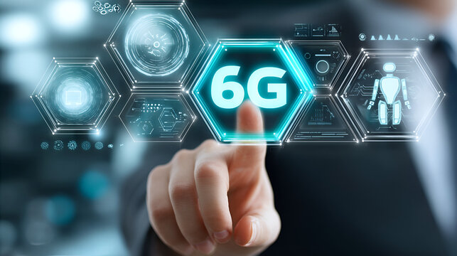 Conceptual Advanced Man Touching 6G Network System Interface Showing Digital Technology. Ai Generated Images