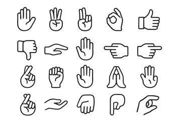 Set of hand gesture icons: thumbs, peace, ok signs in line art