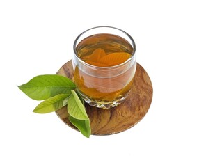 Guava leaves boiled water in glass isolated on white background, Healthy drink lifestyle. High angle view 