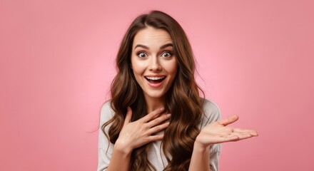 A young woman with a surprised and happy expression, gesturing with open hands against a vibrant pink background.