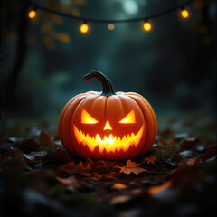 Halloween pumpkin glowing at night spooky festive mood representing autumn celebration and outdoor ambiance against dark forest background with fairy lights atmospheric scene 
