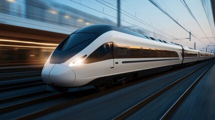 High-speed train traveling through urban landscape at twilight dynamic motion shot capturing modern transport technology and innovation