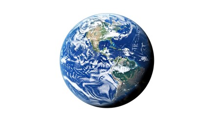 Fototapeta premium Stunning 3D render of planet Earth, showcasing North and South America with detailed oceans, landmasses, and cloud formations on white.