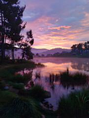 Serene Lake at Colorful Sunrise with Trees and Reflections