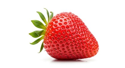 Vibrant red strawberry with green leaves, isolated on a clean white background. A fresh, ripe, and juicy fruit, perfect for healthy eating.