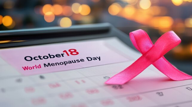 Pink ribbon lying on calendar showing world menopause day