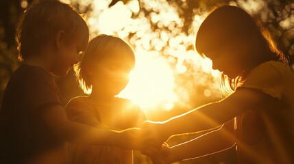 Three children holding hands at sunset, enjoying golden hour light