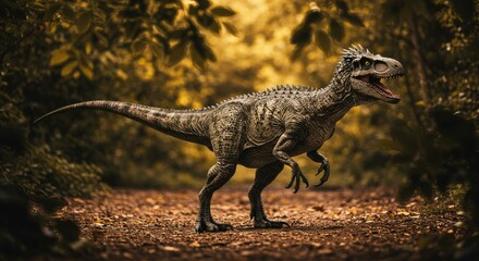 Cinematic Allosaurus Roaming a Primeval Forest Floor in Golden Light.