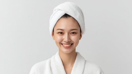 Young woman with a towel on her head smiles radiantly in a bright, minimalistic bathroom setting, showcasing skincare and wellness during self-care routine