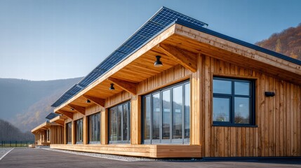 Modern wooden building with solar panels, offering a sustainable architectural design.