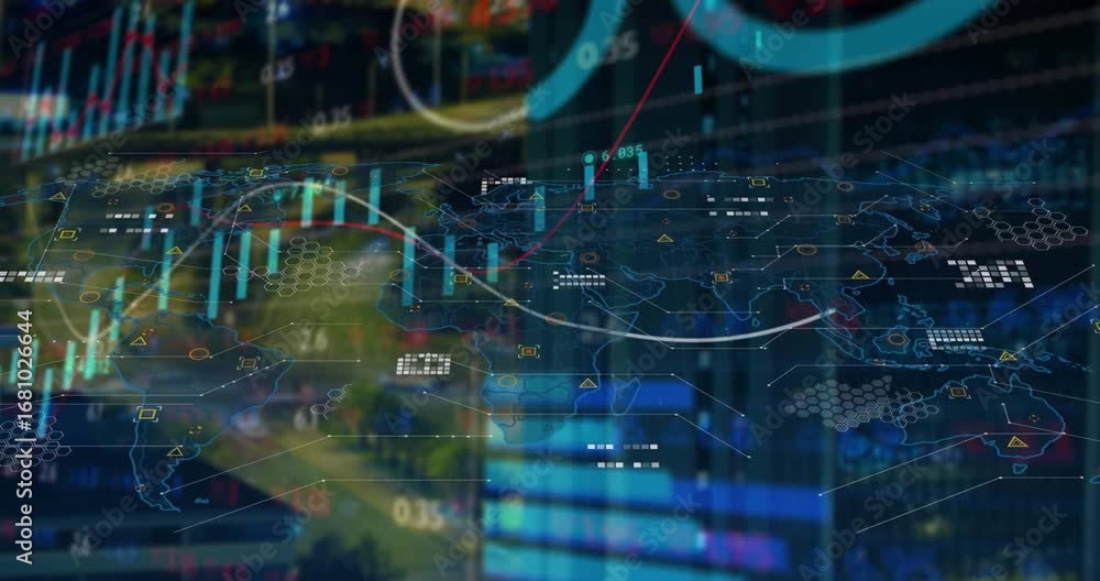 Poster animation of financial data over world map and diverse data
