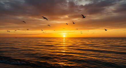 Birds Flying Over the Sea During Sunset © Mahmud