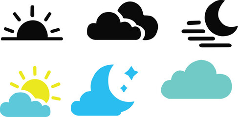 Weather icons representing various conditions such as sun, rain, snow, and clouds in a minimalistic design. Weather icons for web. Forecast weather flat symbols. Pictogram vector icons.
