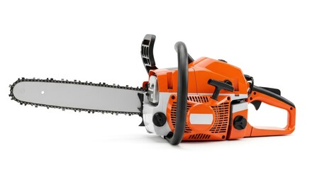 Powerful orange and white chainsaw, a robust and essential tool for woodcutting, logging, and forestry work, isolated on a white background.