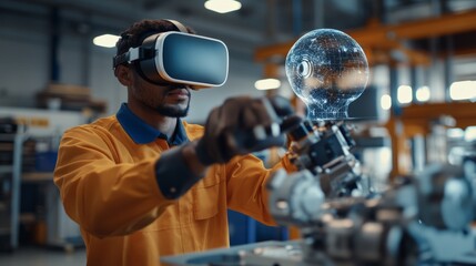 Virtual reality training session enhances manufacturing skills industrial facility digital content high-tech environment close-up view skill development
