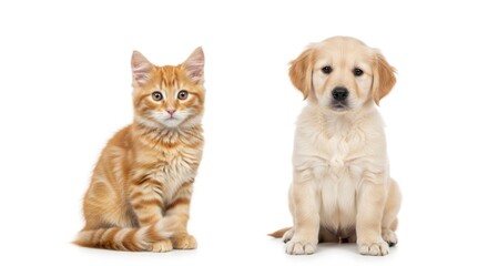 Fototapeta premium Adorable ginger kitten and golden retriever puppy sitting together, looking at the camera on a white background.