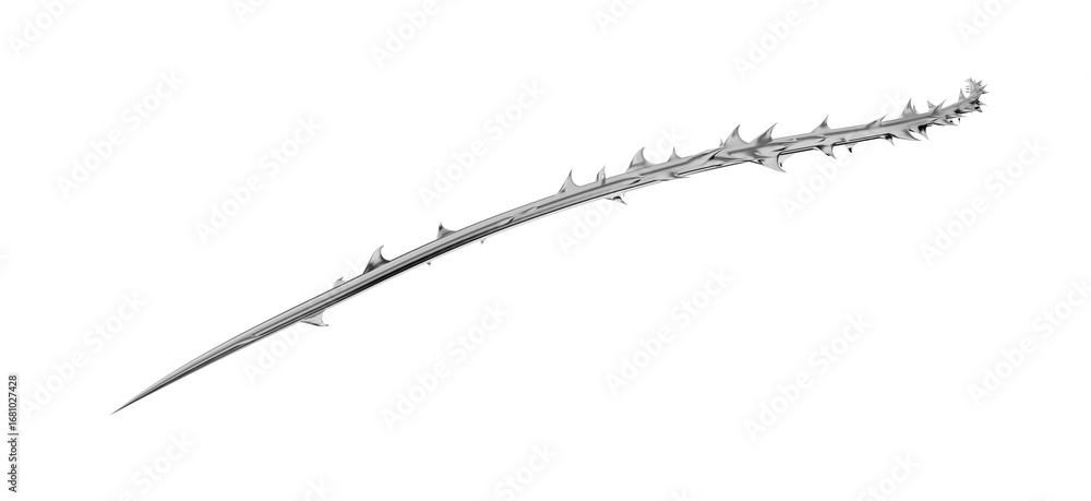 Poster a chilling 3d render of a futuristic metallic ribbon with sharp, wicked thorns. this abstract graphi
