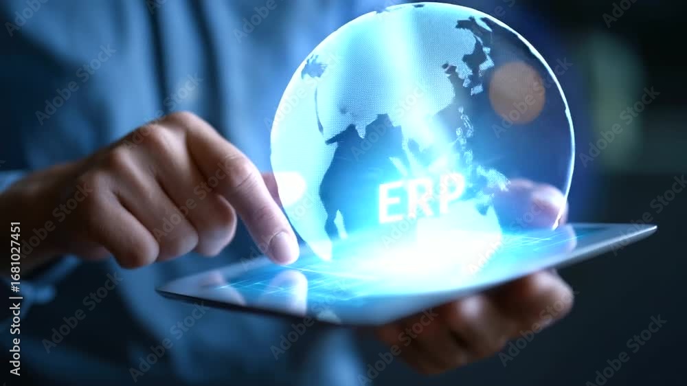 Poster team of professionals modernizes erp systems with holographic interface, using data visuals, touch g