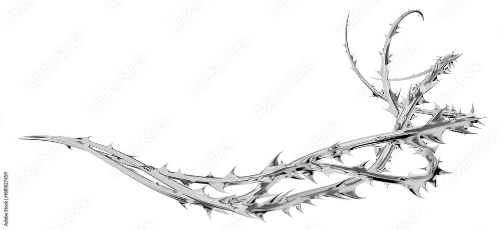 Poster an abstract chrome sculpture of an intertwined, spiky ribbon. this 3d render is a versatile design e