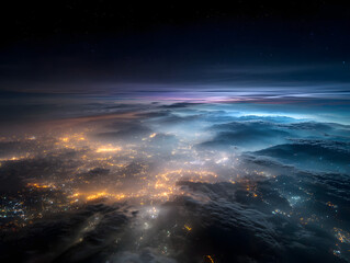 Night City Lights Glowing Under Clouds and Starry Dark Sky