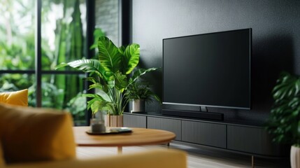 Modern living room design featuring a tv and lush greenery indoor space home decor contemporary style relaxed ambiance