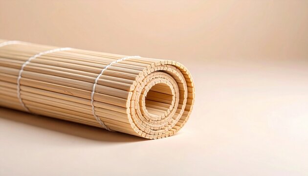 Natural bamboo sushi mat tightly rolled for easy storage and versatile kitchen use