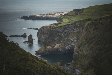 Breathtaking view of the wavy Atlantic ocean from the cliff in Azores islands Portugal