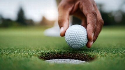 A golfer's hand placing a golf ball on the putting green, ready to score.
