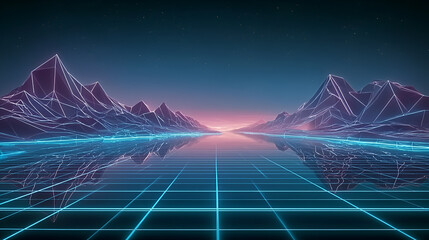 Abstract Luminous Wireframe Mountain with Grid Landscape Scene Illustration. Ai Generated Images