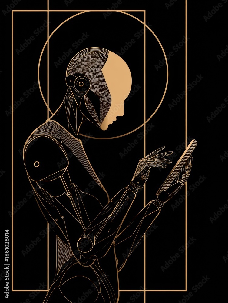 Aufkleber robot with futuristic design using a tablet in a minimalist line art style