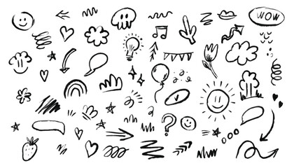 Hand drawn doodle set of doodle elements. Vector illustration. Black and white vector illustration.