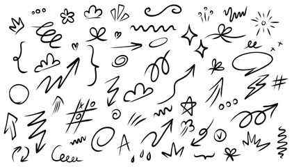 Hand drawn doodle set of doodle elements. Vector illustration. Black and white vector illustration.