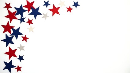 Patriotic red white and blue stars scattered on a white background