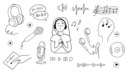 Music doodles. Vector illustration of woman with microphone, headphones and notes on the white background