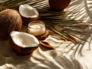 Fresh coconut halves with cream and palm leaves for a tropical vibe.