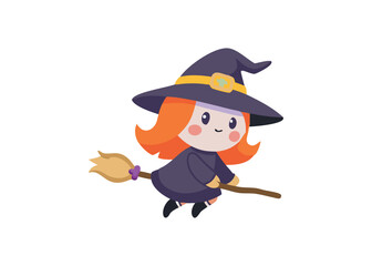 Cute witch character with ginger hair flying on broomstick for Halloween