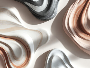 Abstract marbled textures in shades of black, white, and peach.