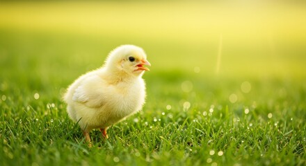 A Tiny, Fluffy Yellow Chick Standing Alone in a Sun-Kissed Green Meadow at Golden Hour.