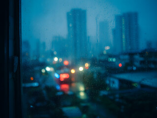 Rainy Cityscape View through Wet Glass Window Dark Blue