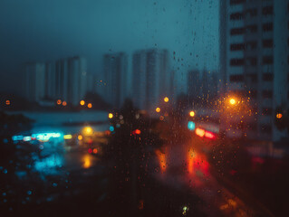 Rainy Night Cityscape Through Glass Window with Bokeh Lights