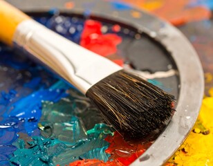 Obraz premium Paintbrush rests on a palette with vibrant, mixed oil paints