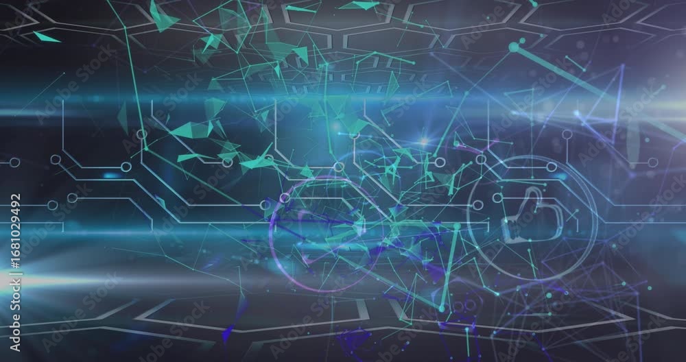 Aufkleber digital animation of plexus networks, network of digital icons against blue background