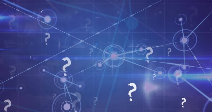 Animation of question mark icons over network of connections on blue background - Powered by Adobe