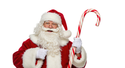Smiling Santa Claus holding a large candy cane.